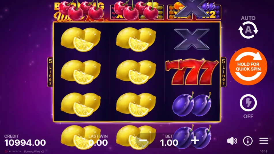 Burning Wins x2 slot base game with 3x3 grid and five paylines